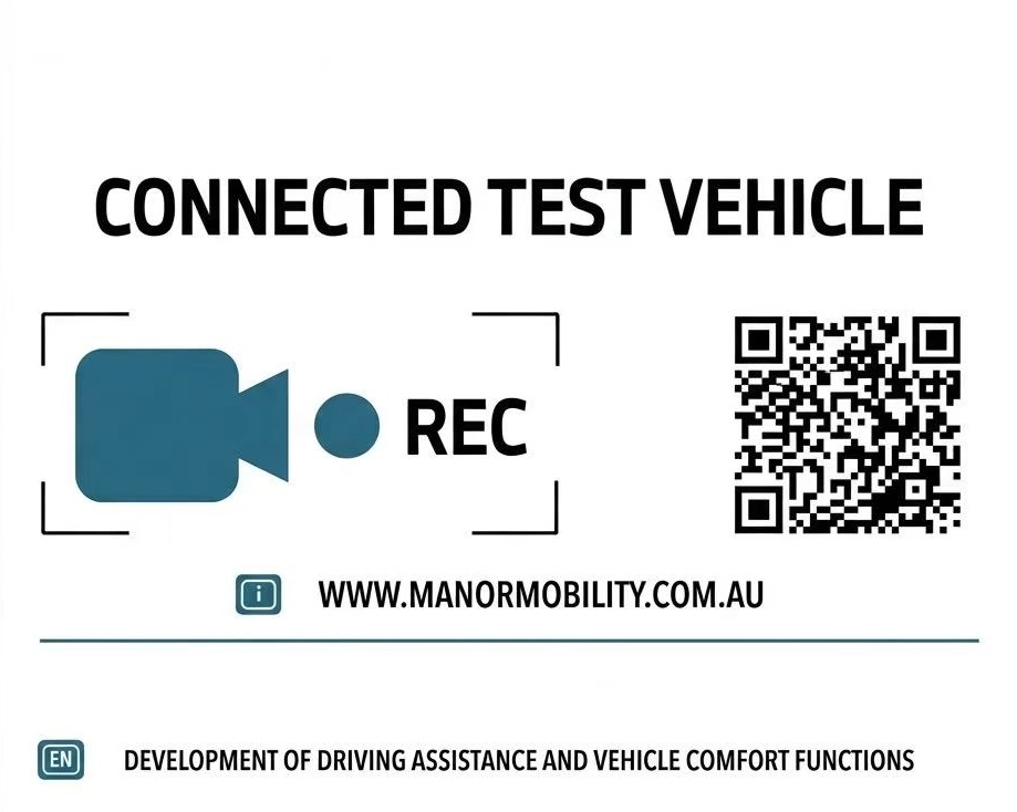 Example markings and stickers on Manor Mobility Intelligence test vehicles
